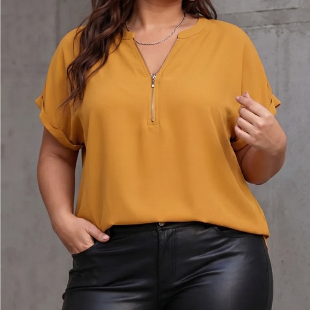 Maurices Womens XL Mustard Yellow Half Zip Short Sleeve Blouse Cuffed Tunic Top